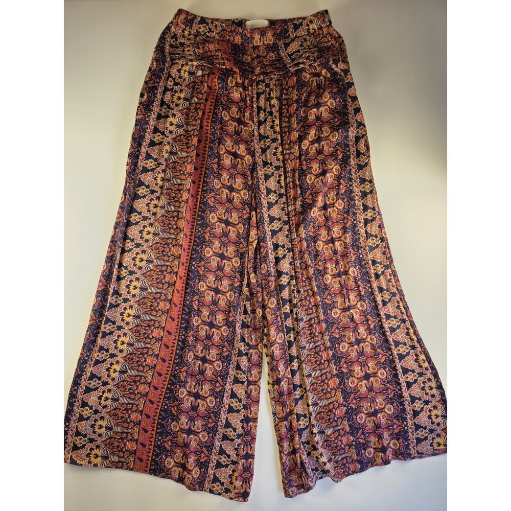 Anthropologie Aria Wide Leg Satin Pants Sz S Pull On Ruffle Lounge Boho Lounge